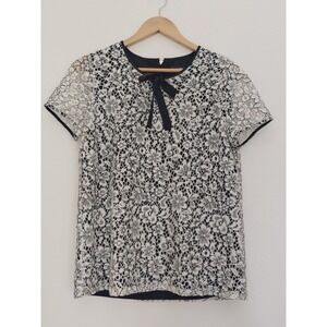 Karl Lagerfeld Women Blouse Lace Overlay Bow Tie Dainty Coquette Designer